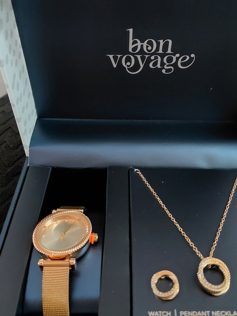 Bon Voyage Gold Watch & CZ  Pendant Necklace & Earring Set